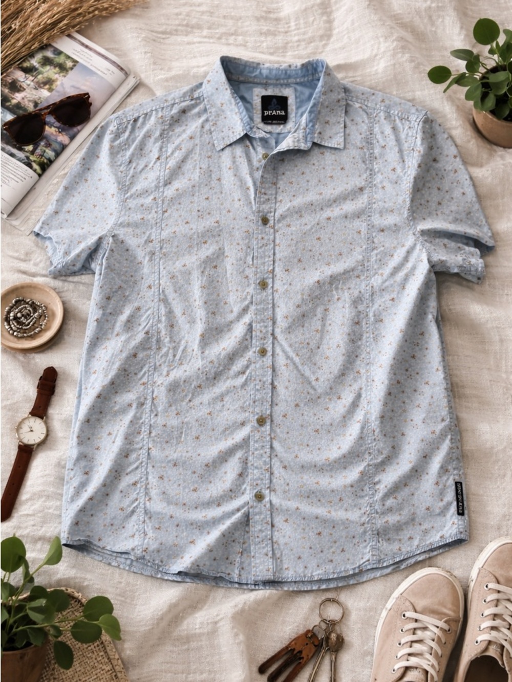 PrAna Men’s Short Sleeve Button Down Shirt XL Blue Print Casual Lightweight